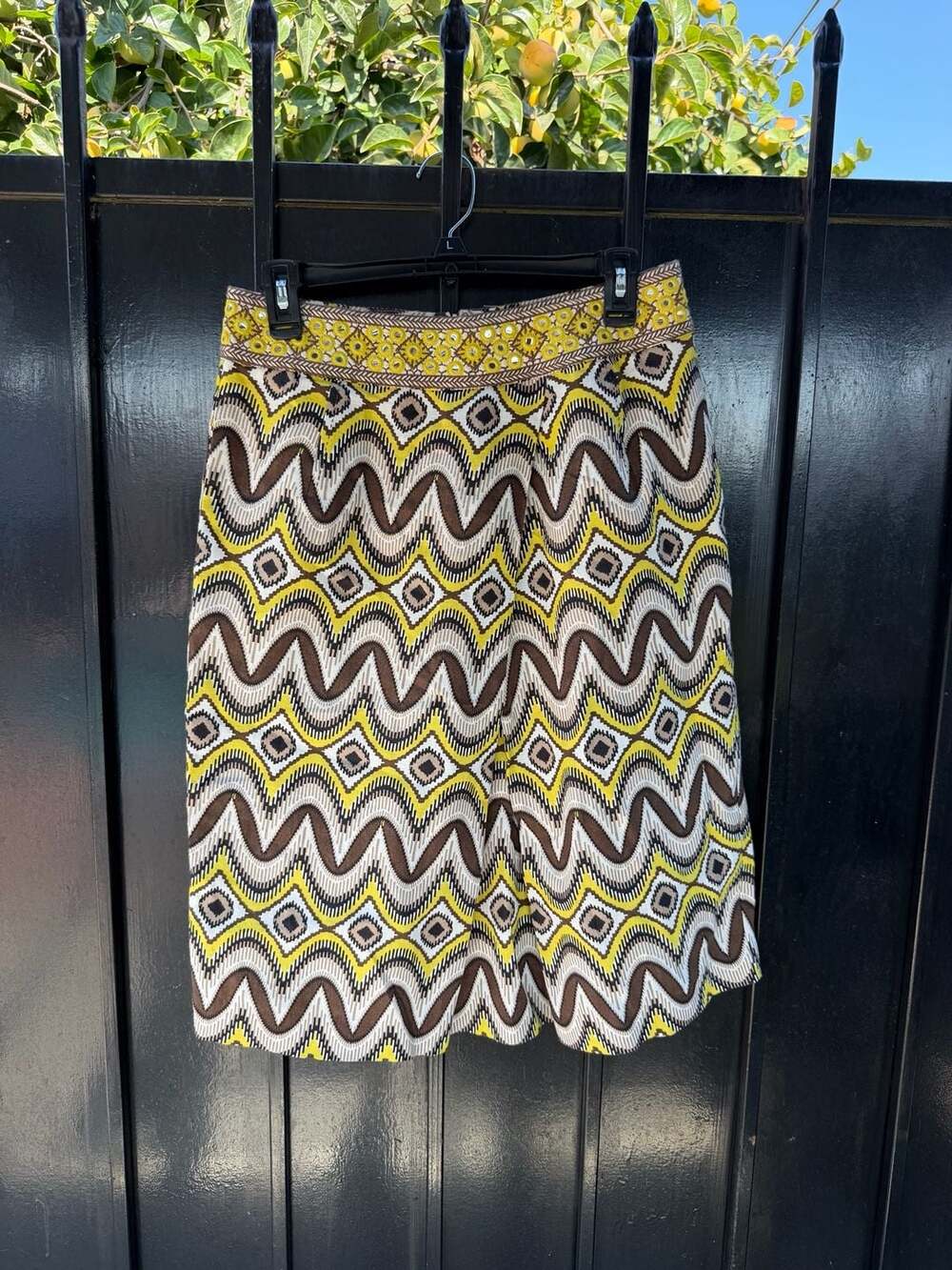 Tory Burch Printed Linen Skirt Size 6 Yellow Brown Geometric Mirrored